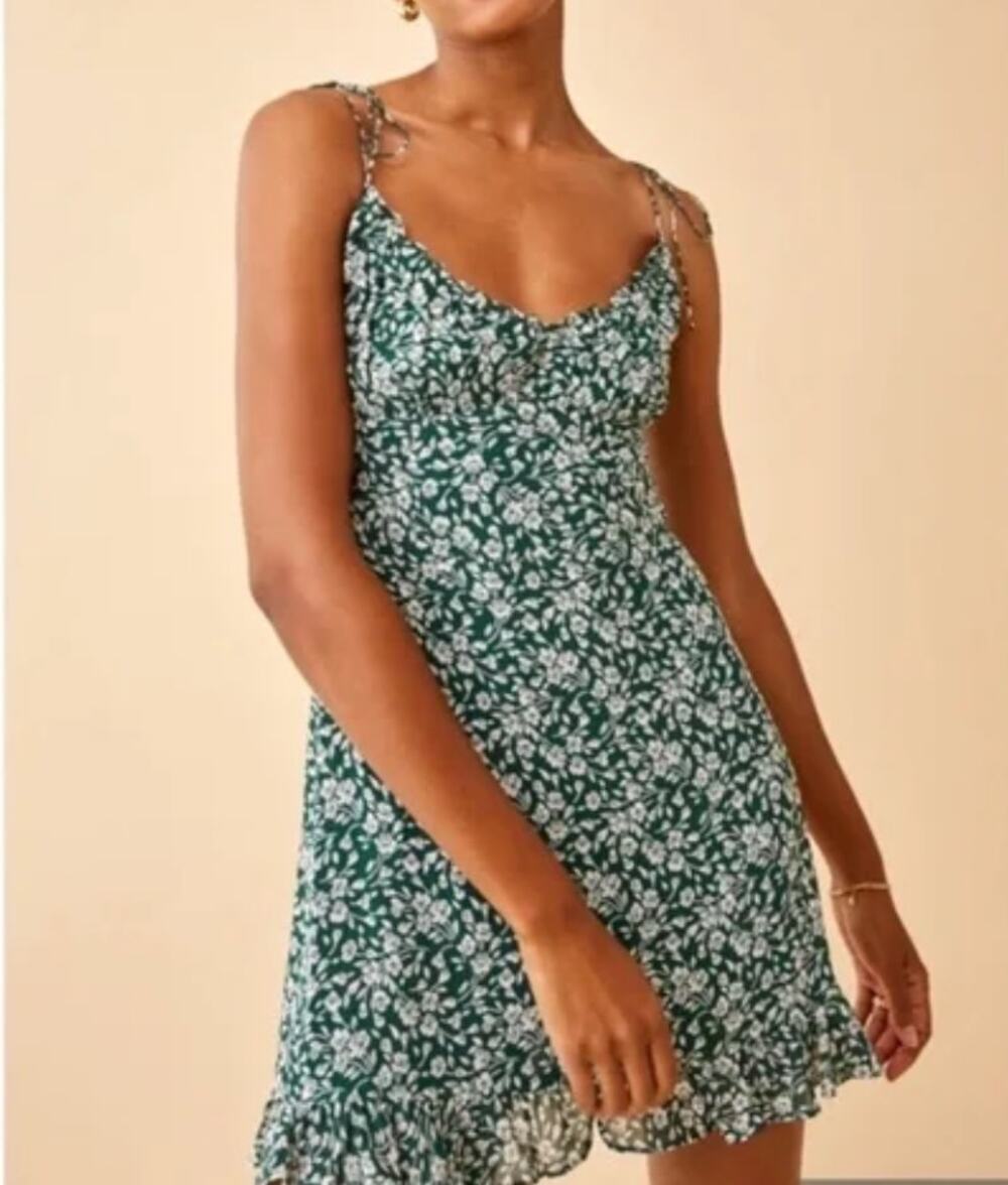Reformation Esther Green Floral Mini Dress Ruffle Scoop Neck Adjustable Straps 0